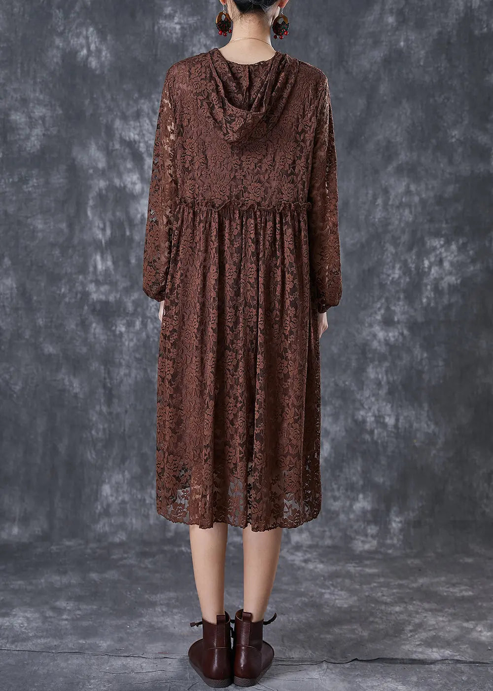 Fashion Chocolate Ruffled Hollow Out Lace Long Dresses Fall Ada Fashion