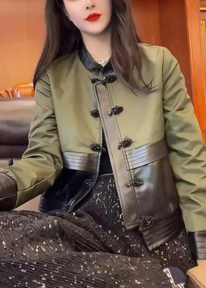 Fashion Green O-Neck Patchwork Button Leather Jacket Fall Ada Fashion