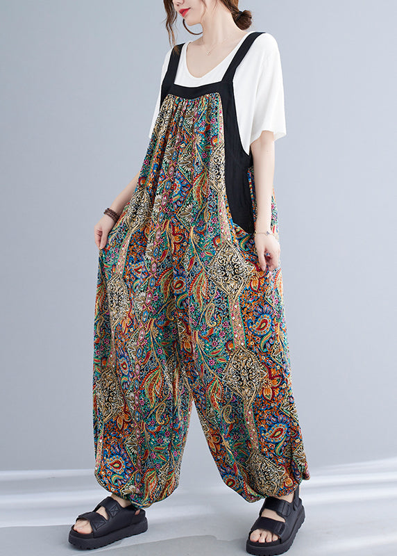 Fashion Green Oversized Print Pockets Spandex Jumpsuit Summer LY7314
