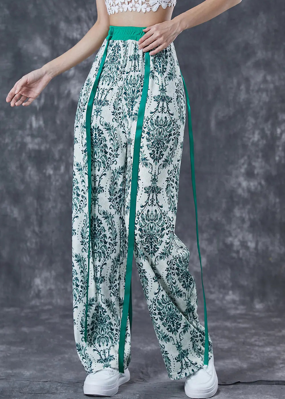 Fashion Green Print Ribbon Cotton Straight Pants Fall Ada Fashion