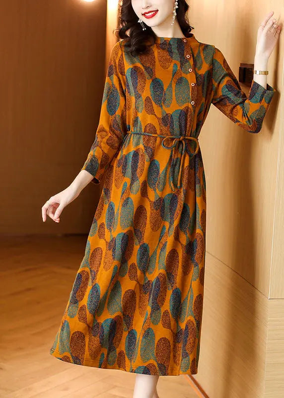 Fashion Orange Print Tie Waist Long Dresses Long Sleeve Ada Fashion