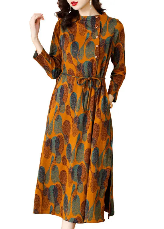 Fashion Orange Print Tie Waist Long Dresses Long Sleeve Ada Fashion