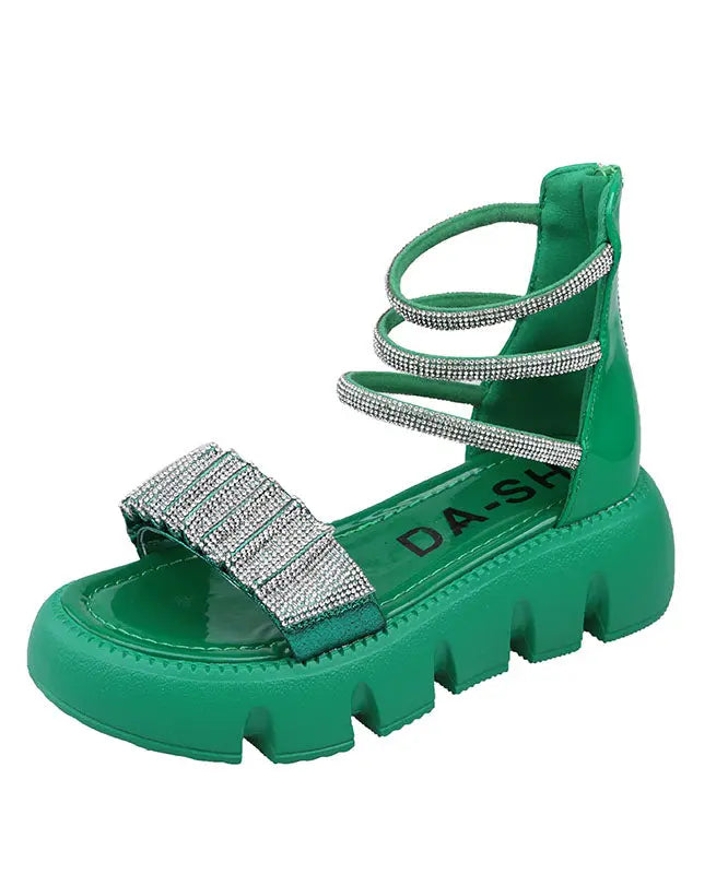 Fashion Splicing Zircon Platform Sandals Green Faux Leather Ada Fashion