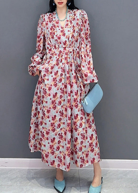 Fashion V Neck Print Tie Waist Long Dress Spring