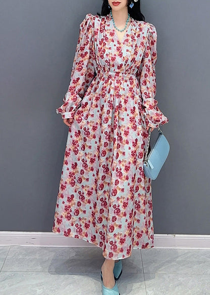 Robe longue à imprimé col en V et taille nouée pour le printemps