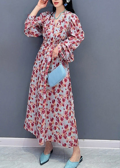 Robe longue à imprimé col en V et taille nouée pour le printemps