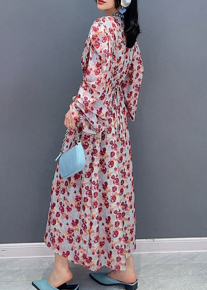 Robe longue à imprimé col en V et taille nouée pour le printemps