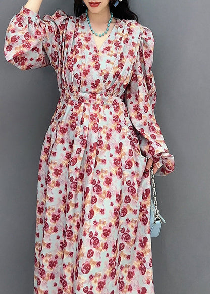 Robe longue à imprimé col en V et taille nouée pour le printemps