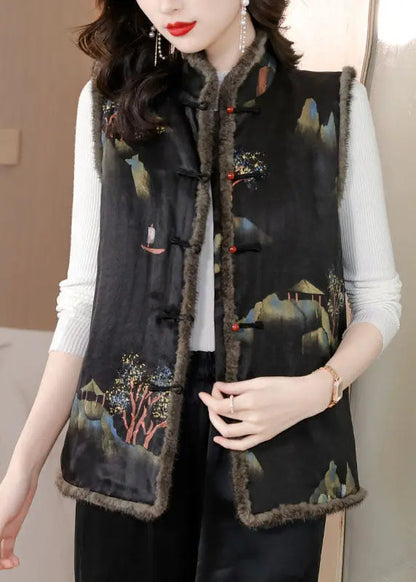 Fine Black Pockets Print Button Mink Hair Waistcoat Winter Ada Fashion