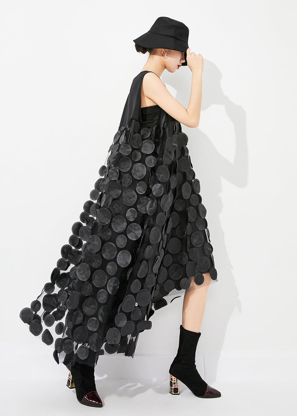 Fine Black V Neck Patchwork Low High Design Tulle Long Dresses Sleeveless LY0882