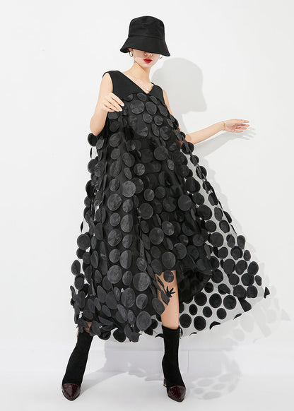 Robe longue en tulle noire à col en V et patchwork, design bas et haut, sans manches, LY0882