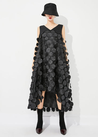 Robe longue en tulle noire à col en V et patchwork, design bas et haut, sans manches, LY0882