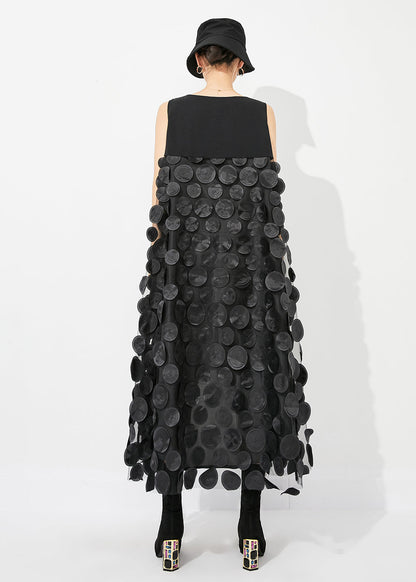 Robe longue en tulle noire à col en V et patchwork, design bas et haut, sans manches, LY0882