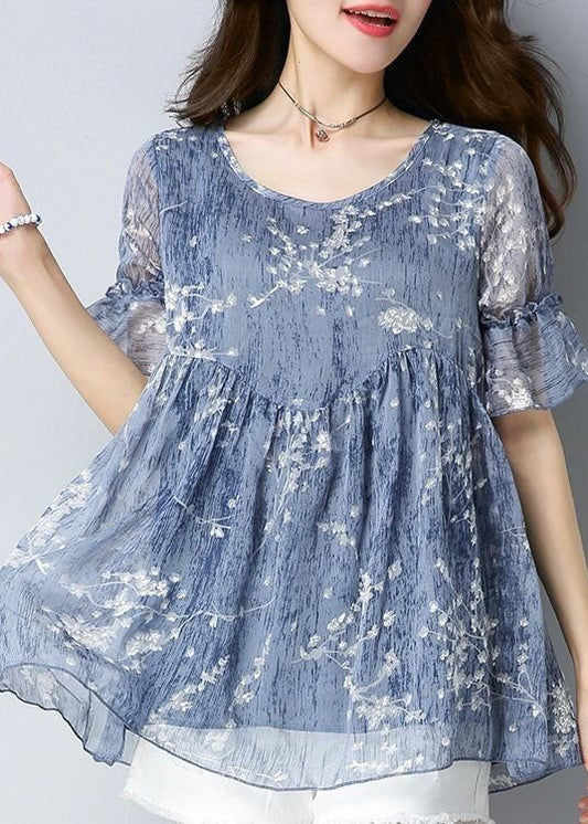 Fine Blue O Neck Print Patchwork Chiffon Shirt Tops Summer LY4603