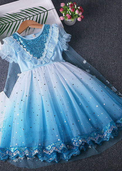 Robe de princesse en tulle et dentelle à volants bleus fins pour bébé fille