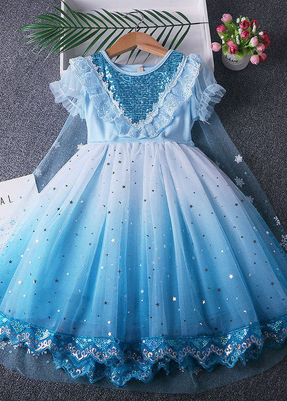 Robe de princesse en tulle et dentelle à volants bleus fins pour bébé fille