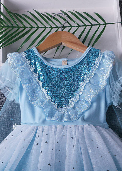 Robe de princesse en tulle et dentelle à volants bleus fins pour bébé fille