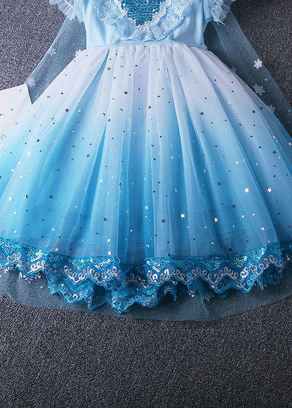 Robe de princesse en tulle et dentelle à volants bleus fins pour bébé fille