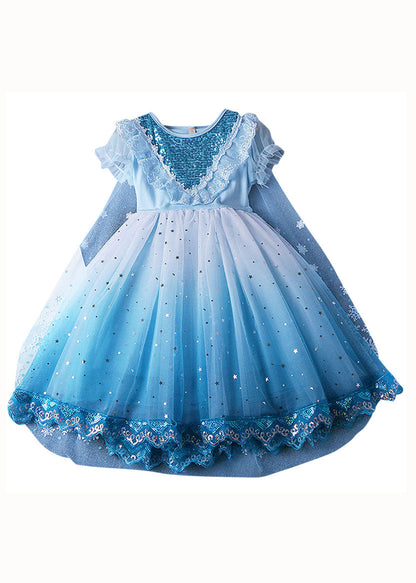 Robe de princesse en tulle et dentelle à volants bleus fins pour bébé fille