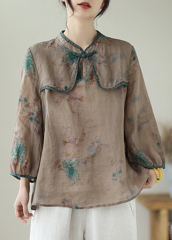 Fine Chocolate Embroideried Print Chinese Button Linen Top Summer Ada Fashion