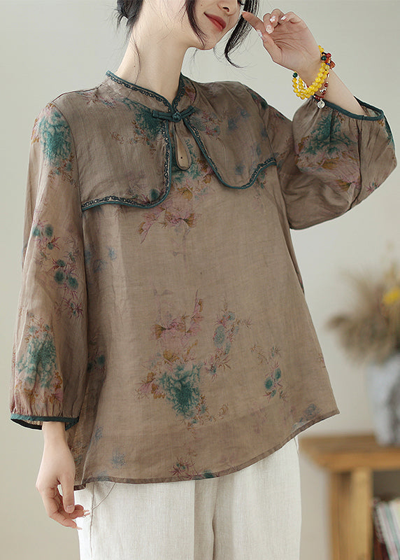 Fine Chocolate Embroideried Print Chinese Button Linen Top Summer Ada Fashion