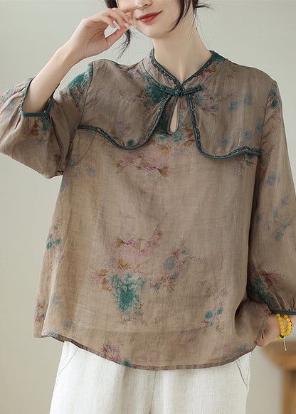 Fine Chocolate Embroideried Print Chinese Button Linen Top Summer Ada Fashion