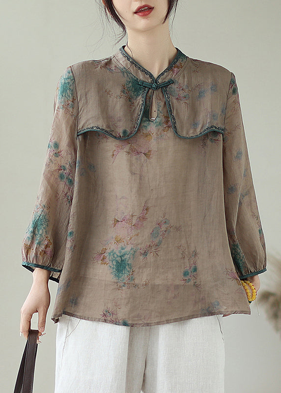 Fine Chocolate Embroideried Print Chinese Button Linen Top Summer Ada Fashion