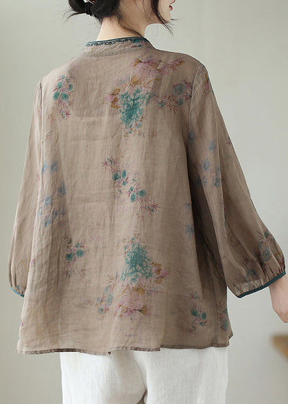 Fine Chocolate Embroideried Print Chinese Button Linen Top Summer Ada Fashion