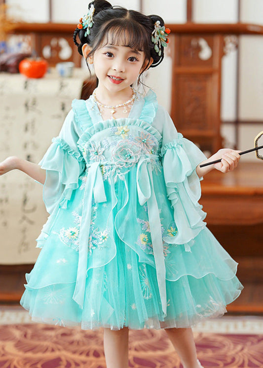 Fine Green Embroideried Patchwork Tie Waist Tulle Baby Girls Mid Dress Flare Sleeve