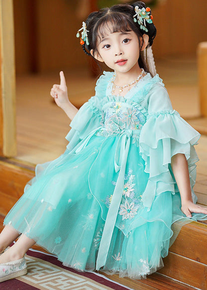 Robe mi-longue en tulle brodée verte fine avec ceinture nouée et manches évasées pour bébé fille