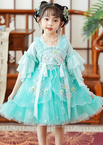 Robe mi-longue en tulle brodée verte fine avec ceinture nouée et manches évasées pour bébé fille