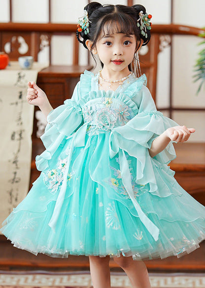 Robe mi-longue en tulle brodée verte fine avec ceinture nouée et manches évasées pour bébé fille