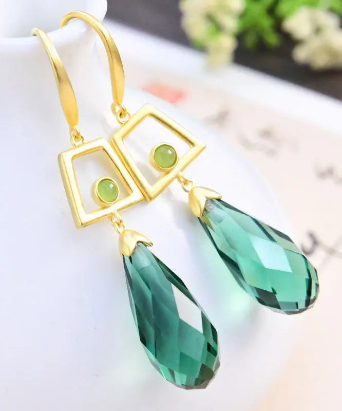 Fine Green Sterling Silver Overgild Inlaid Crystal Jade Drop Earrings Ada Fashion