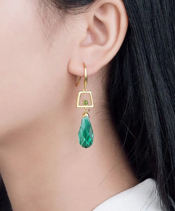 Fine Green Sterling Silver Overgild Inlaid Crystal Jade Drop Earrings Ada Fashion