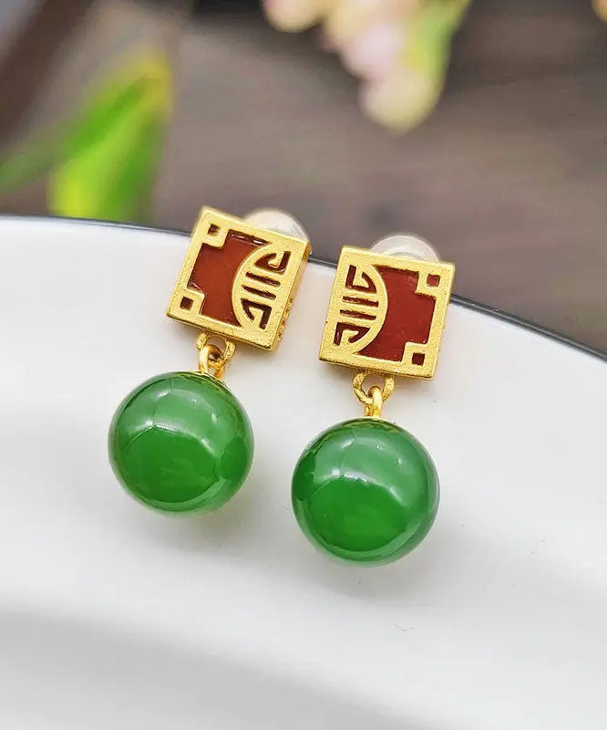 Fine Green Sterling Silver Overgild Jade Drop Earrings Ada Fashion