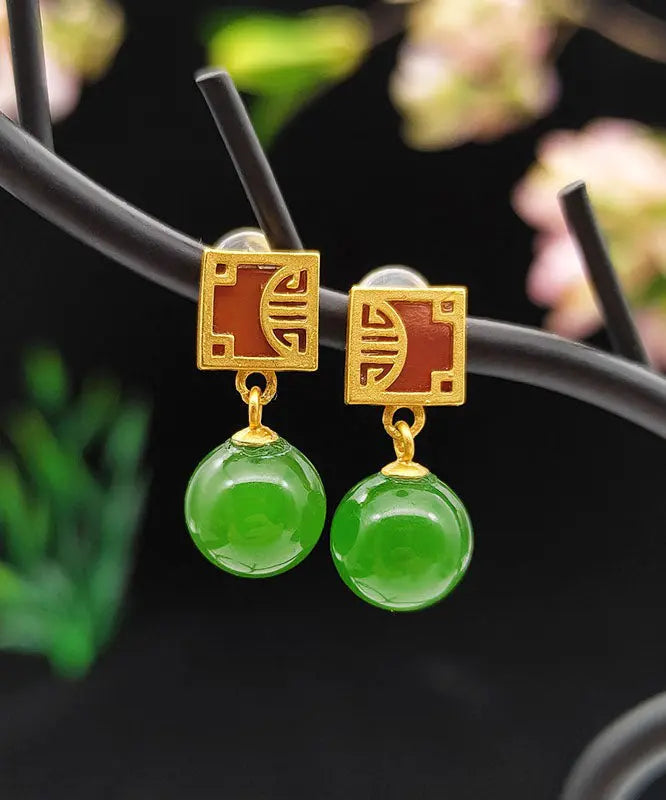 Fine Green Sterling Silver Overgild Jade Drop Earrings Ada Fashion