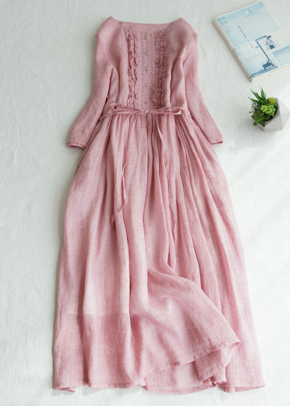 Fine Pink Ruffled Tie Waist Patchwork Linen Dress Summer Ada Fashion