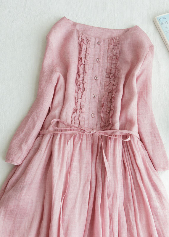 Fine Pink Ruffled Tie Waist Patchwork Linen Dress Summer Ada Fashion