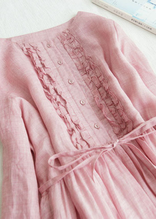 Fine Pink Ruffled Tie Waist Patchwork Linen Dress Summer Ada Fashion