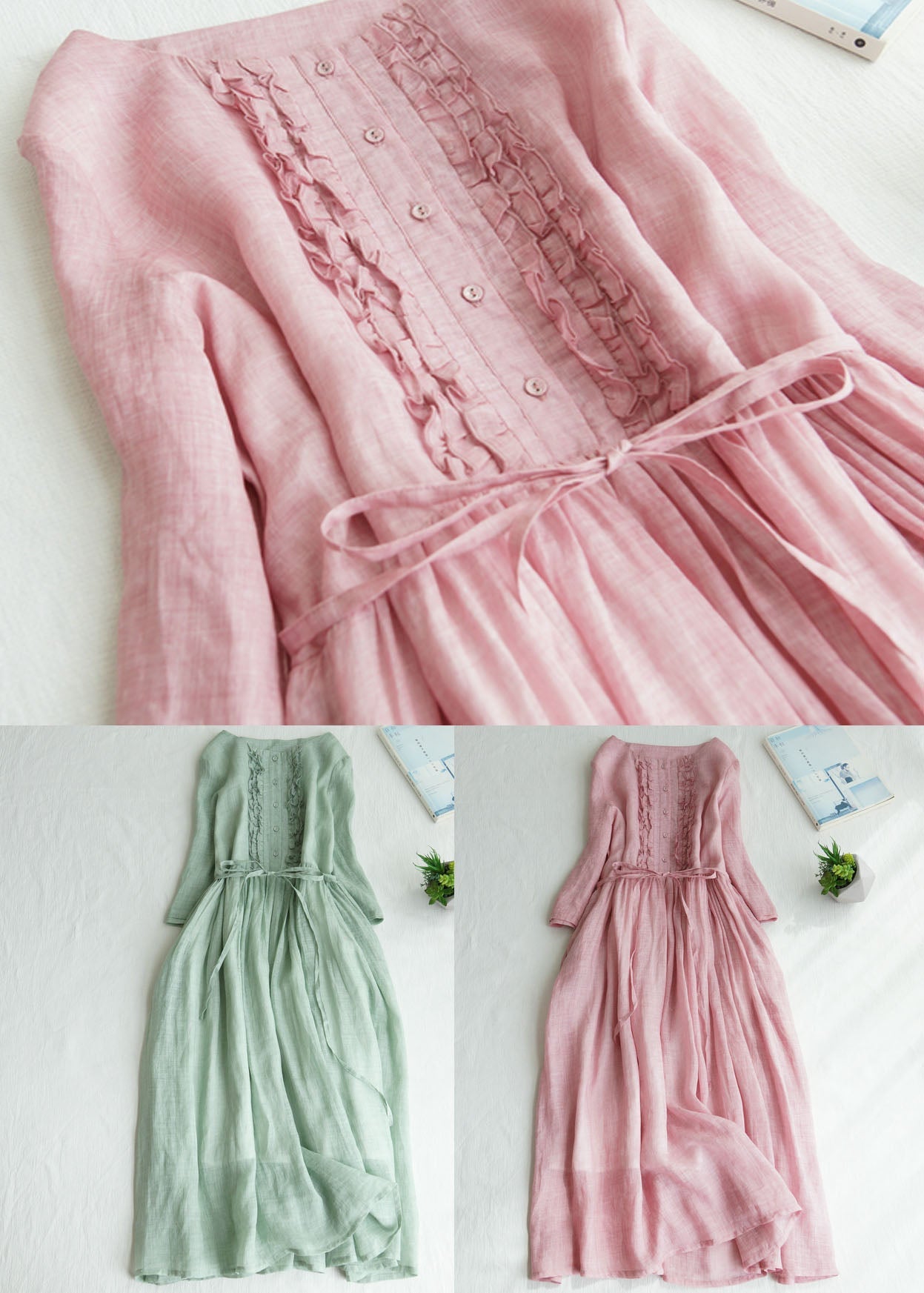 Fine Pink Ruffled Tie Waist Patchwork Linen Dress Summer Ada Fashion