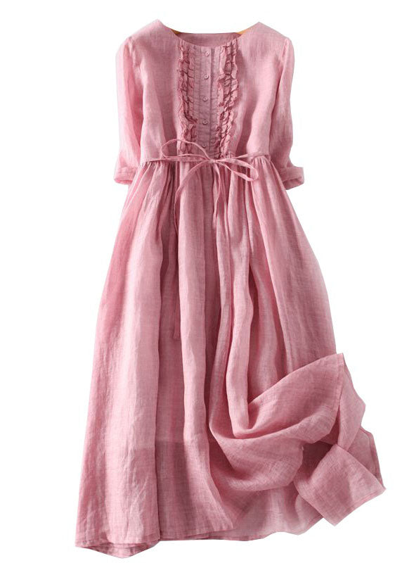 Fine Pink Ruffled Tie Waist Patchwork Linen Dress Summer Ada Fashion