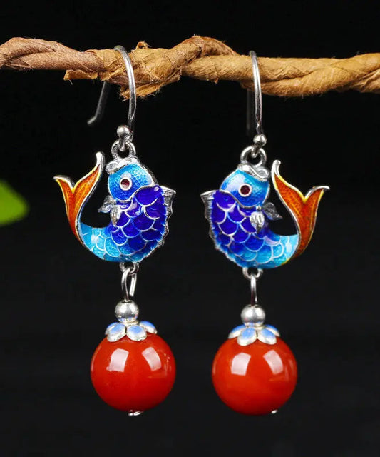 Fine Red Sterling Silver Agate Cloisonne Goldfish Drop Earrings Ada Fashion