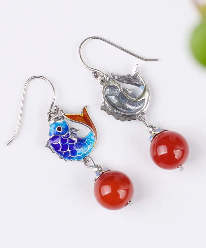 Fine Red Sterling Silver Agate Cloisonne Goldfish Drop Earrings Ada Fashion