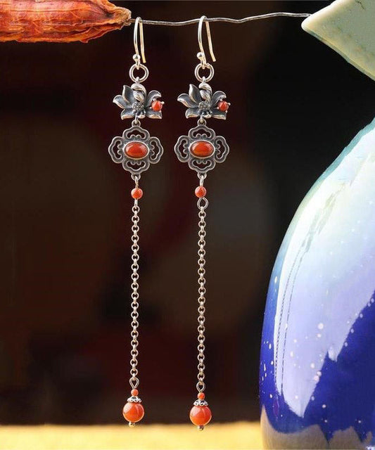 Fine Red Sterling Silver Agate Lotus Tassel Drop Earrings LY2286