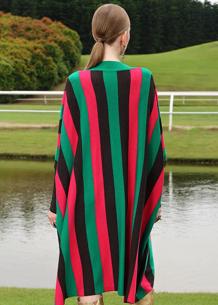 Fine Red V Neck Striped Woolen Long Sweater Dress Long Sleeve Ada Fashion