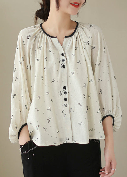 Fitted Beige Oversized Print Cotton Blouses Lantern Sleeve Ada Fashion