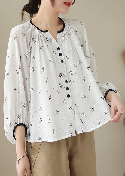 Fitted Beige Oversized Print Cotton Blouses Lantern Sleeve Ada Fashion