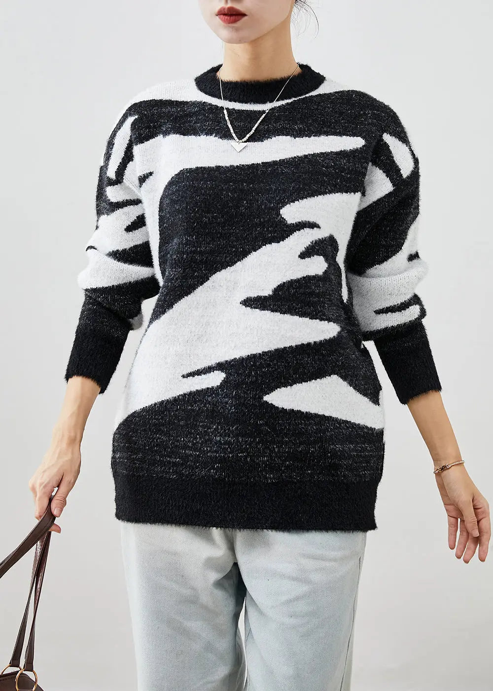 Fitted Black Thick Cow Print Knit Short Sweater Fall Ada Fashion