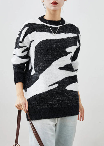 Fitted Black Thick Cow Print Knit Short Sweater Fall Ada Fashion