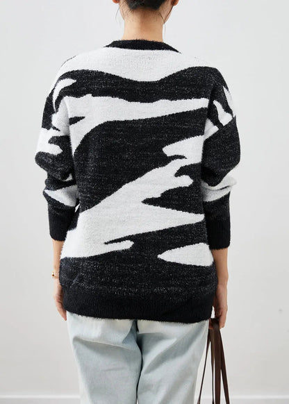 Fitted Black Thick Cow Print Knit Short Sweater Fall Ada Fashion